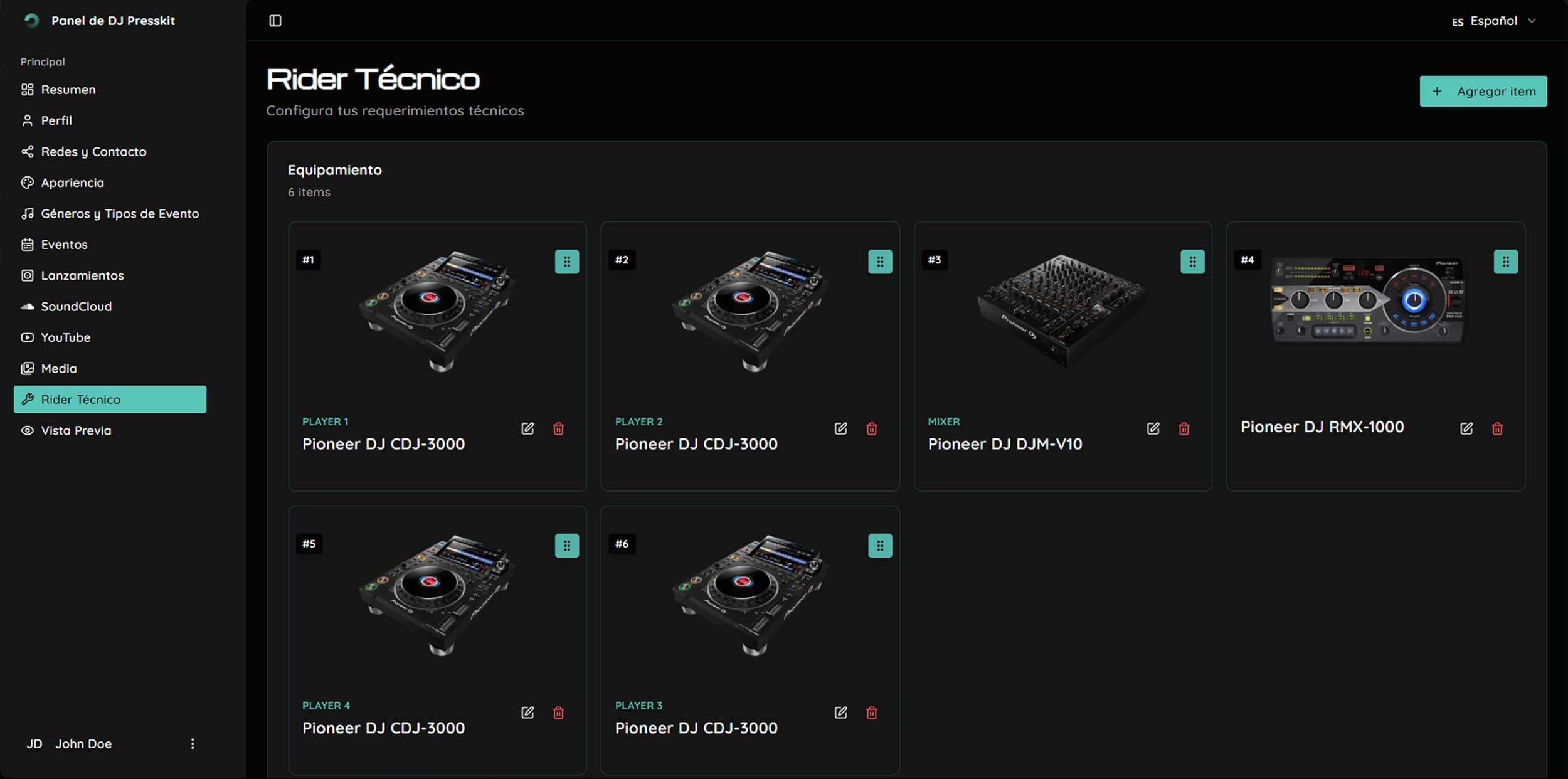 Pestaña de Rider Técnico en el dashboard